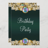 エメラルドグリーン金ゴールドウーマンズバースデーパーティー 招待状 (正面/裏面)