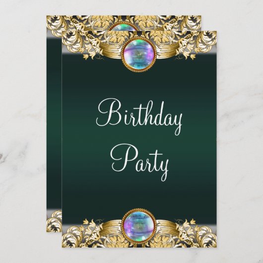 エメラルドグリーン金ゴールドウーマンズバースデーパーティー 招待状 (正面/裏面)