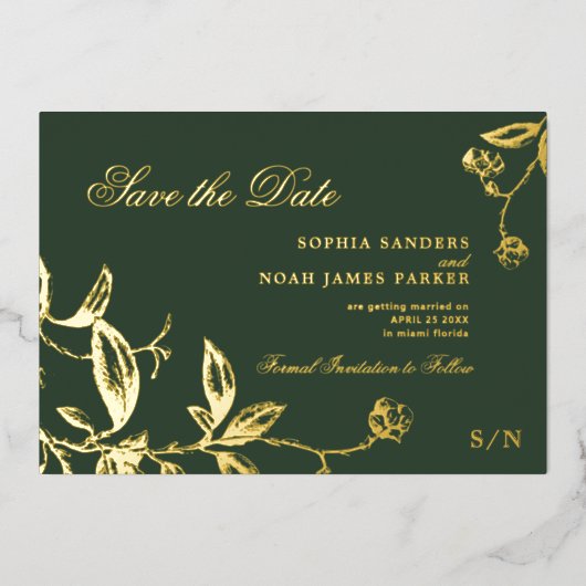 エメラルドグリーン金ゴールドエレガントな結婚式は日付を保存 箔招待状 (正面)