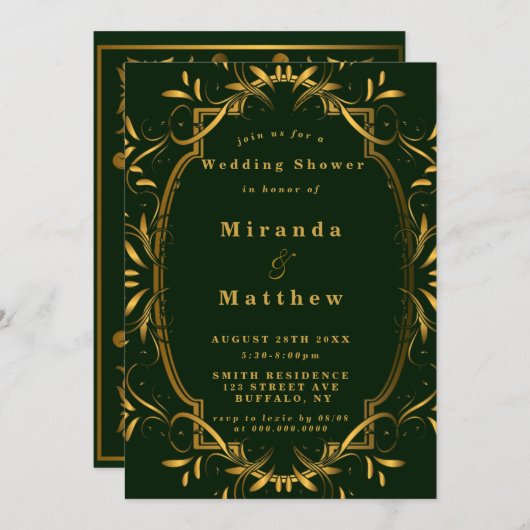 エメラルドグリーン金ゴールドオーナメントウェディングシャワー招待状 (正面/裏面)