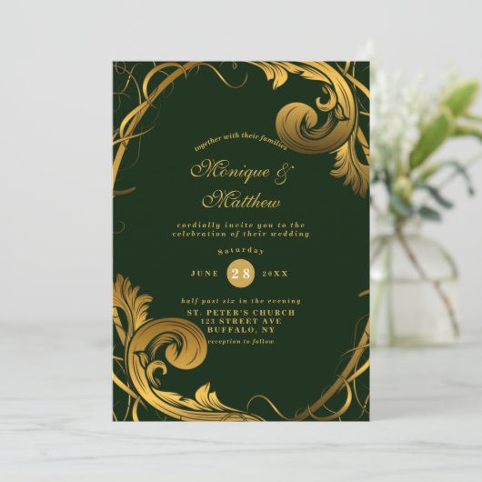 エメラルドグリーン金ゴールドオーナメント結婚式招待状 招待状 (スタンド正面)