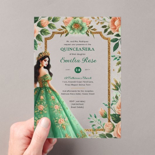 エメラルドグリーン金ゴールドキンセアニェラドレスフラワー アクリル招待状 (インサイチュ (ポータブル))