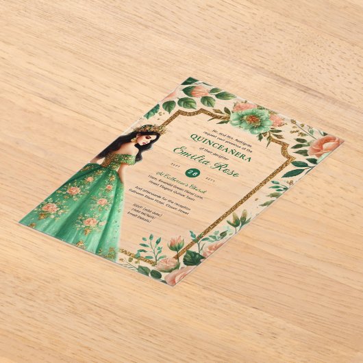 エメラルドグリーン金ゴールドキンセアニェラドレスフラワー アクリル招待状 (レイダウン)