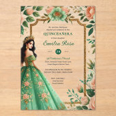 エメラルドグリーン金ゴールドキンセアニェラドレスフラワー アクリル招待状 (正面)