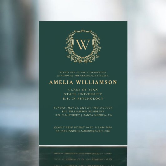 エメラルドグリーン金ゴールドクレストモノグラム卒業パーティー 招待状