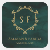 エメラルドグリーン金ゴールドクレストモノグラム結婚式の引き出物 スクエアシール (正面)