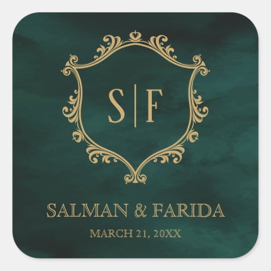 エメラルドグリーン金ゴールドクレストモノグラム結婚式の引き出物 スクエアシール (正面)