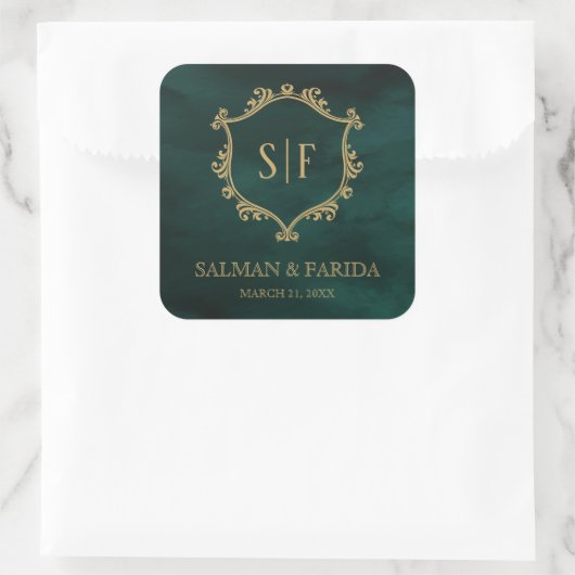 エメラルドグリーン金ゴールドクレストモノグラム結婚式の引き出物 スクエアシール (バッグ)
