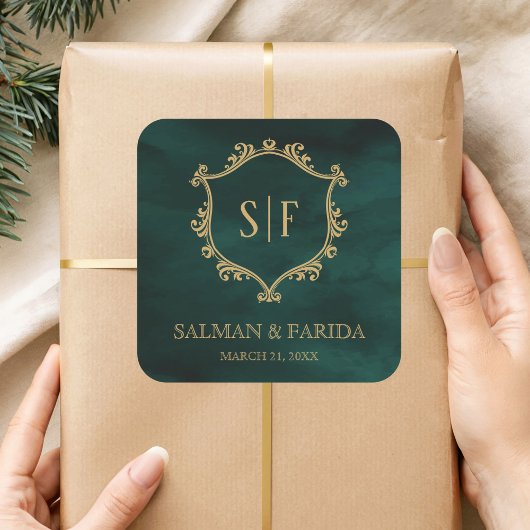 エメラルドグリーン金ゴールドクレストモノグラム結婚式の引き出物 スクエアシール
