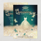 エメラルドグリーン金ゴールドグリッタードレスバタフライ 招待状 (正面/裏面)