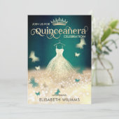 エメラルドグリーン金ゴールドグリッタードレスバタフライ 招待状 (スタンド正面)