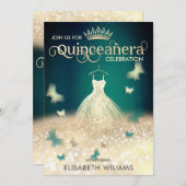 エメラルドグリーン金ゴールドグリッタードレスバタフライ 招待状 (正面/裏面)