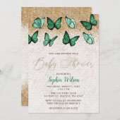 エメラルドグリーン金ゴールドグリッターバタフライベビーシャワー 招待状 (正面/裏面)