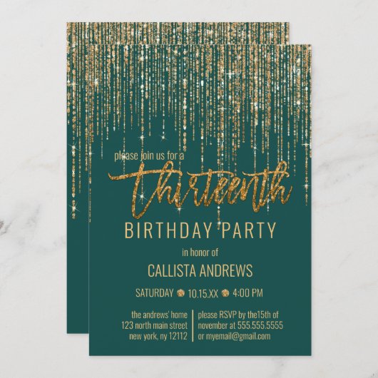 エメラルドグリーン金ゴールドグリッターフリンジ13th誕生日 招待状 (正面/裏面)