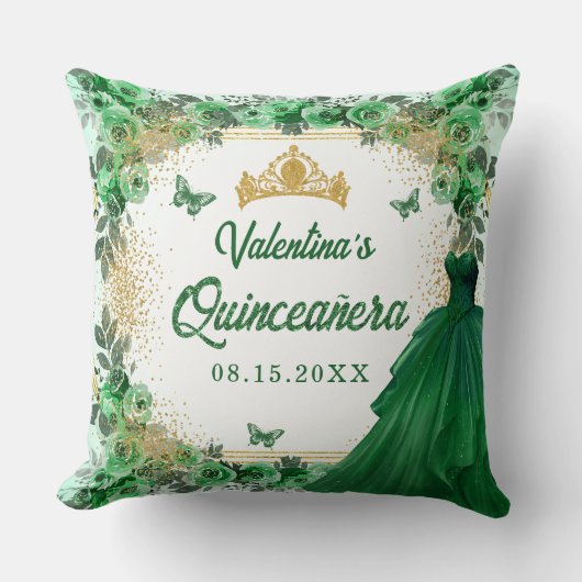 エメラルドグリーン金ゴールドグリッターフローラキンセアニェラ クッション (正面)