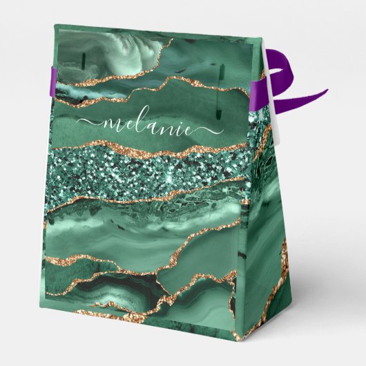 エメラルドグリーン金ゴールドグリッター名前をカスタムするギフトボックス フェイバーボックス (裏面サイド)