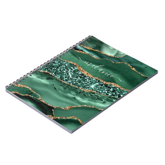 エメラルドグリーン金ゴールドグリッター名前をカスタムするノート ノートブック (左側)