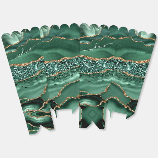 エメラルドグリーン金ゴールドグリッター名前をカスタムするポップコーンボックス フェイバーボックス (見開き)