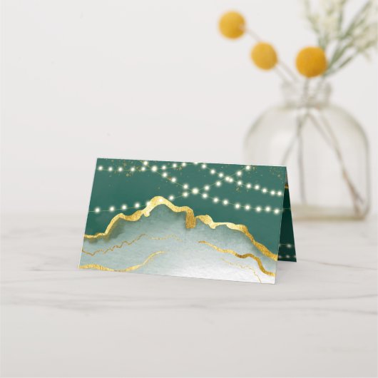 エメラルドグリーン金ゴールドゲート結婚ライトのレジストリ プレイスカード (裏面)