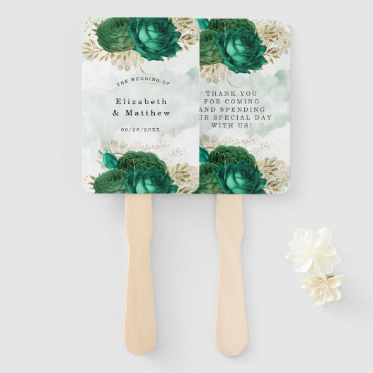 エメラルドグリーン金ゴールドシャイングリッター結婚ズサンキューユー ハンドファン (正面&裏面)