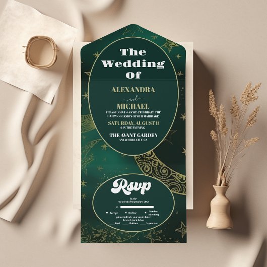 エメラルドグリーン金ゴールドシレ結婚ンツ オールインワン招待状
