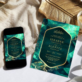 エメラルドグリーン金ゴールドジェムストーンムリ結婚スム 招待状