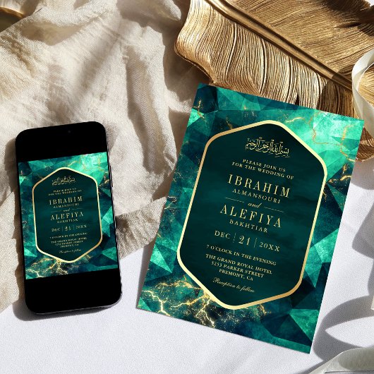 エメラルドグリーン金ゴールドジェムストーンムリ結婚スム 招待状