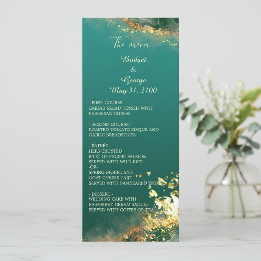 エメラルドグリーン金ゴールドジュエルウェディングプログラム&メニュー プログラム (スタンド正面)