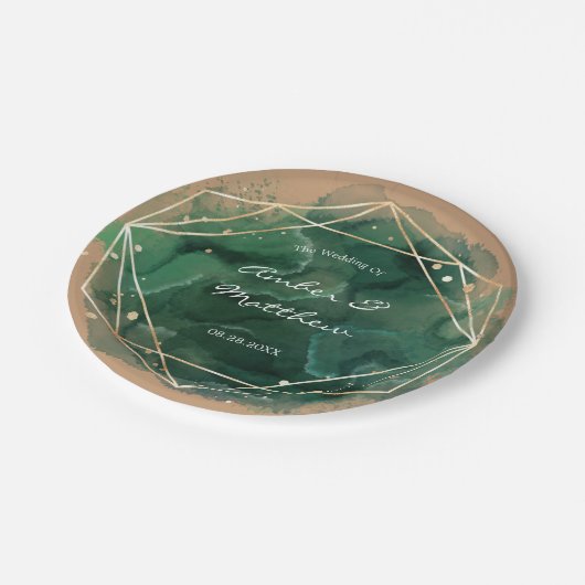 エメラルドグリーン金ゴールドタンウォーター結婚カラー ペーパープレート (アングル)