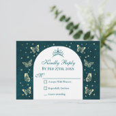 エメラルドグリーン金ゴールドティアラ蝶キンセアニラ 出欠カード (スタンド正面)