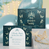 エメラルドグリーン金ゴールドティアラ蝶キンセアニラ 出欠カード