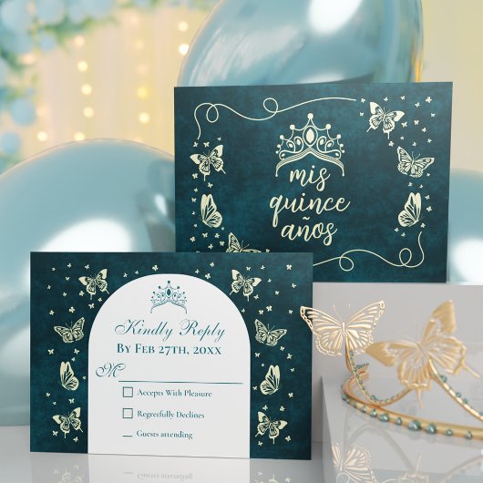 エメラルドグリーン金ゴールドティアラ蝶キンセアニラ 出欠カード