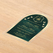 エメラルドグリーン金ゴールドバタフライアーチムスリム結婚ズ アクリル招待状 (レイダウン)