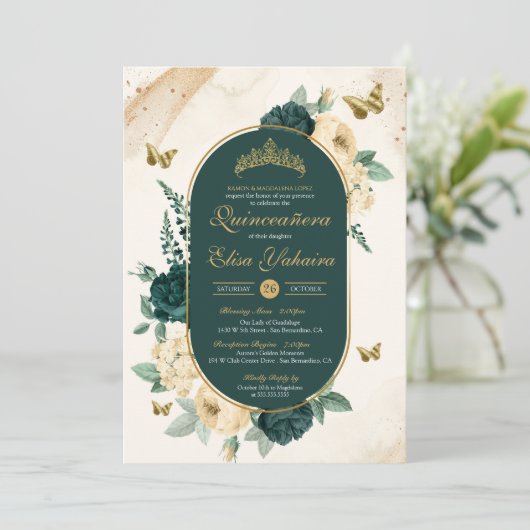 エメラルドグリーン金ゴールドバタフライフローラキンセアニラ 招待状 (スタンド正面)
