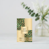 エメラルドグリーン金ゴールドヒョウのロゴQRコード 名刺 (スタンド正面)