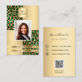 エメラルドグリーン金ゴールドヒョウ写真ロゴQRコード 名刺 (正面/裏面)