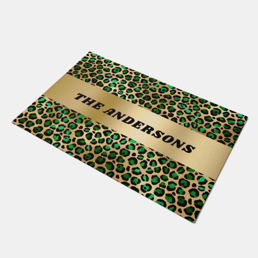 エメラルドグリーン金ゴールドヒョウ柄ファミリー名 ドアマット (アングル)