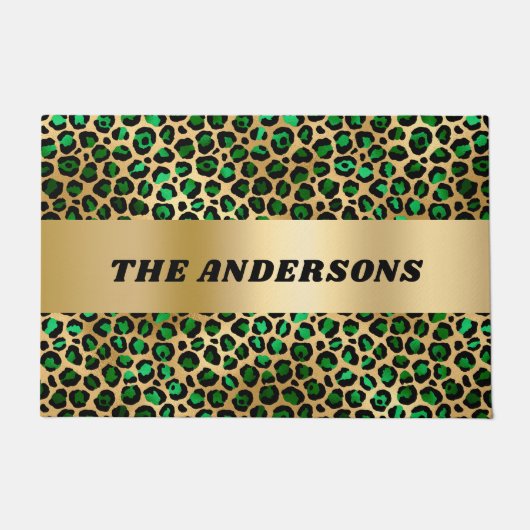 エメラルドグリーン金ゴールドヒョウ柄ファミリー名 ドアマット (正面)