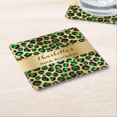 エメラルドグリーン金ゴールドヒョウ誕生日 スクエアペーパーコースター (アングル)
