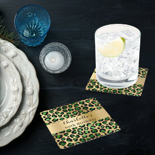 エメラルドグリーン金ゴールドヒョウ誕生日 スクエアペーパーコースター