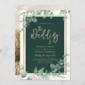 エメラルドグリーン金ゴールドフォト結婚式招待状 招待状 (正面/裏面)