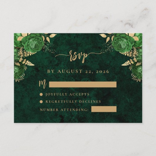 エメラルドグリーン金ゴールドフローラアゲートウェディングRSVP エンクロージャーカード (正面)