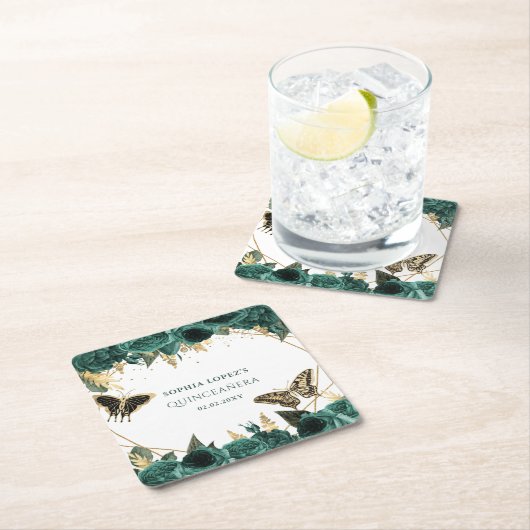 エメラルドグリーン金ゴールドフローラエレガントキンセアニェラ スクエアペーパーコースター (インサイチュ)