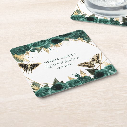 エメラルドグリーン金ゴールドフローラエレガントキンセアニェラ スクエアペーパーコースター (アングル)