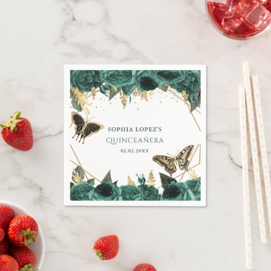 エメラルドグリーン金ゴールドフローラエレガントキンセアニェラ スタンダードカクテルナプキン (インサイチュ)