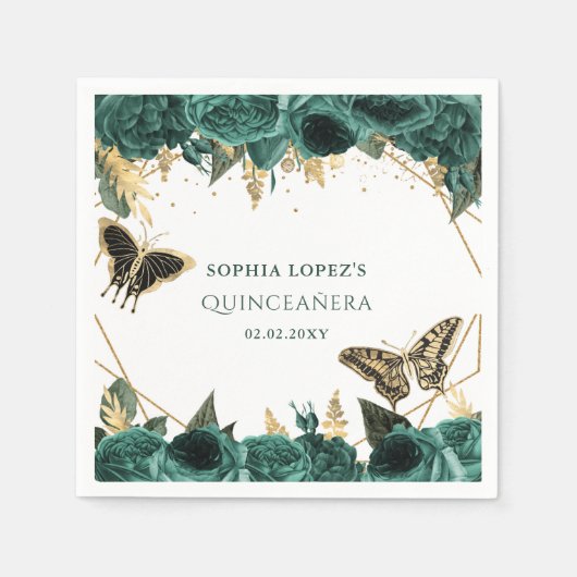 エメラルドグリーン金ゴールドフローラエレガントキンセアニェラ スタンダードカクテルナプキン (正面)