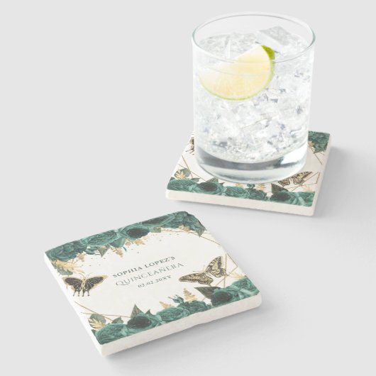 エメラルドグリーン金ゴールドフローラエレガントキンセアニェラ ストーンコースター (横)