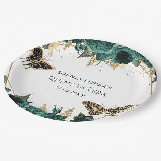 エメラルドグリーン金ゴールドフローラエレガントキンセアニェラ ペーパープレート (アングル)