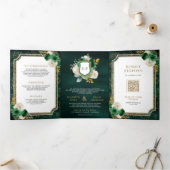 エメラルドグリーン金ゴールドフローラオールインワン結婚クレスト 三つ折り招待状 (内部)