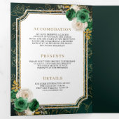 エメラルドグリーン金ゴールドフローラオールインワン結婚クレスト 三つ折り招待状 (内部最初)